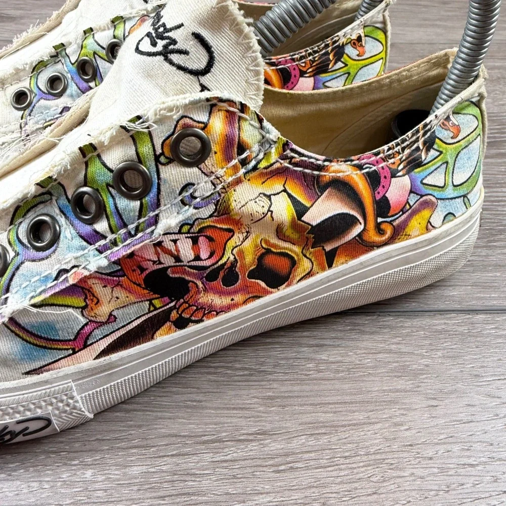 Ed Hardy Women Sneaker Slip On Tattoo Graphic Skull Peace White Multi Size 7